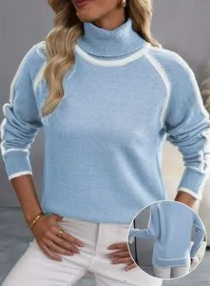 Autumn And Winter Solid Color Color Matching High-necked Casual Women's Clothing Fashion Knit Top Outerwear - Blue