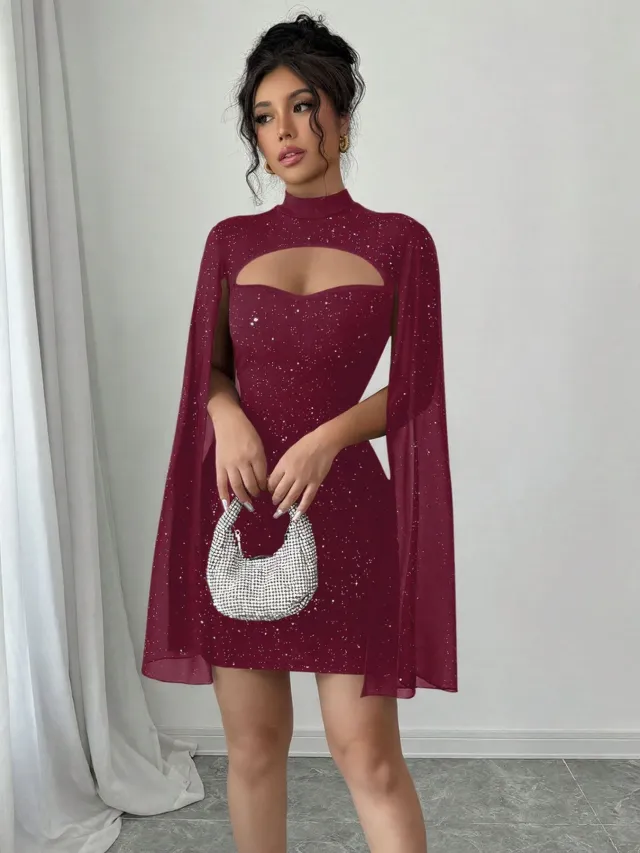 Round neck Ribbed Pearl Chiffon Cape Bodycon Dress Burgundy - Shop at LoveMi