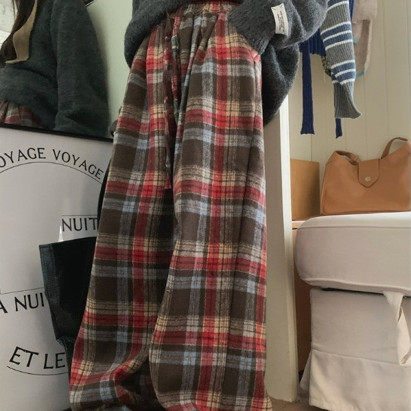 Womens Retro Plaid Padded Casual Straight-Leg Pants