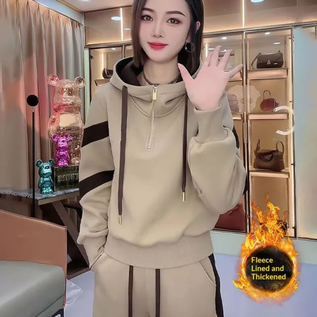 Fleece lined Hoodie And Wide leg Pants Two piece Set Trendy Fleece Lined S - Shop at LoveMi