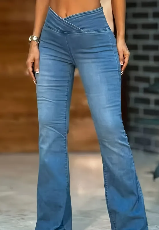 High Imitation Denim Bell bottom Pants Cross border Hip Lifting European And American Women Bell bottom Pants Blue - Shop at LoveMi