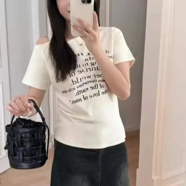 Korean style Fashionable Letter printed Off shoulder Short sleeve T shirt White - Shop at LoveMi
