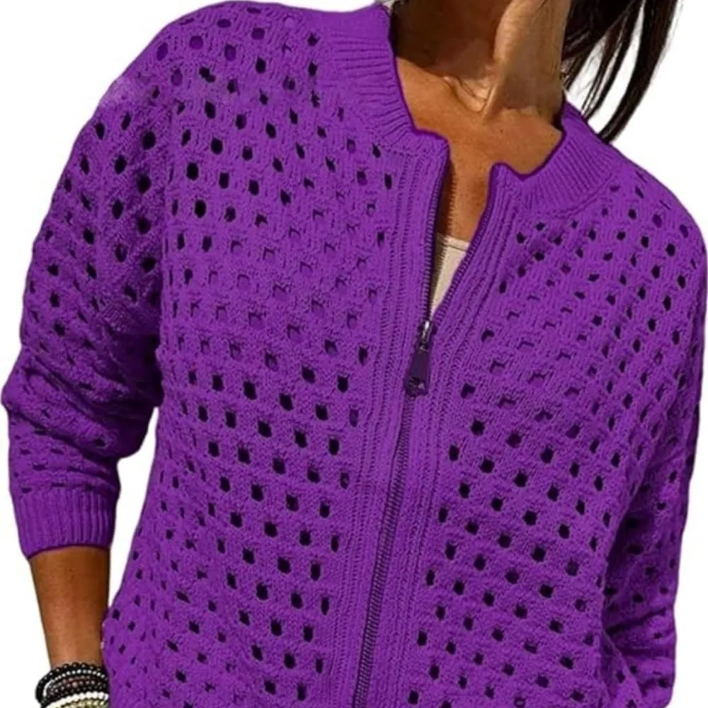 Womens Knitted Hollow-Out Crew-Neck Jacket With Zipper - Purple