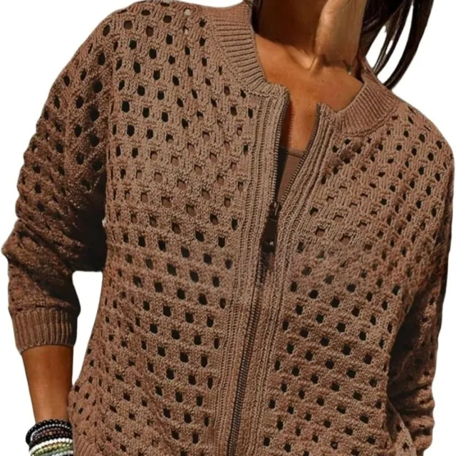 Womens Knitted Hollow Out Crew Neck Jacket With Zipper Brown - Shop at LoveMi