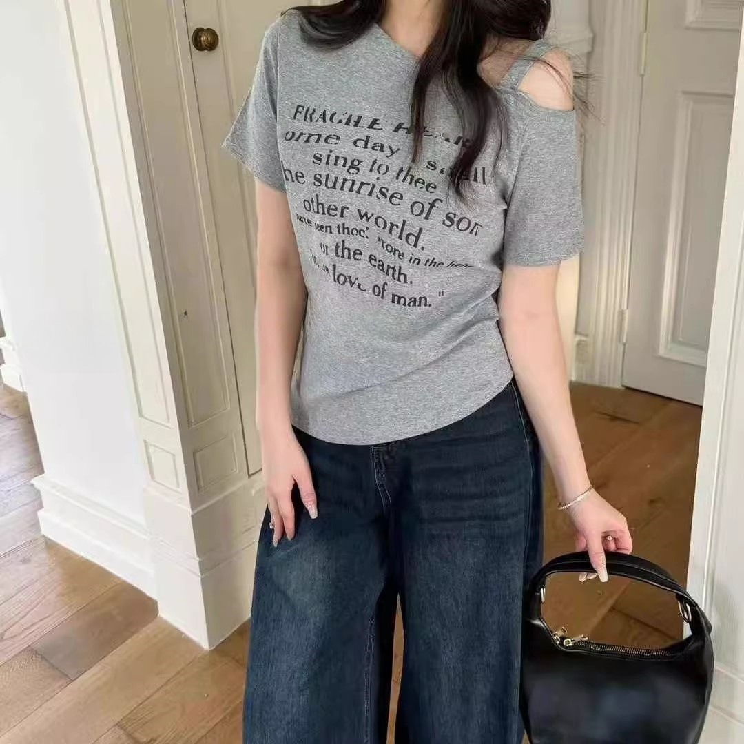 Korean-style Fashionable Letter-printed Off-shoulder Short-sleeve T-shirt