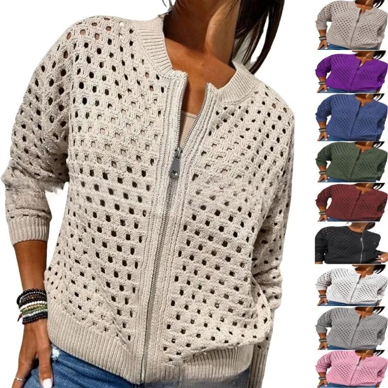 Women Knitted Hollow-Out Crew Neck Zipper Jacket - Casual Lightweight Cardigan Sweater Top