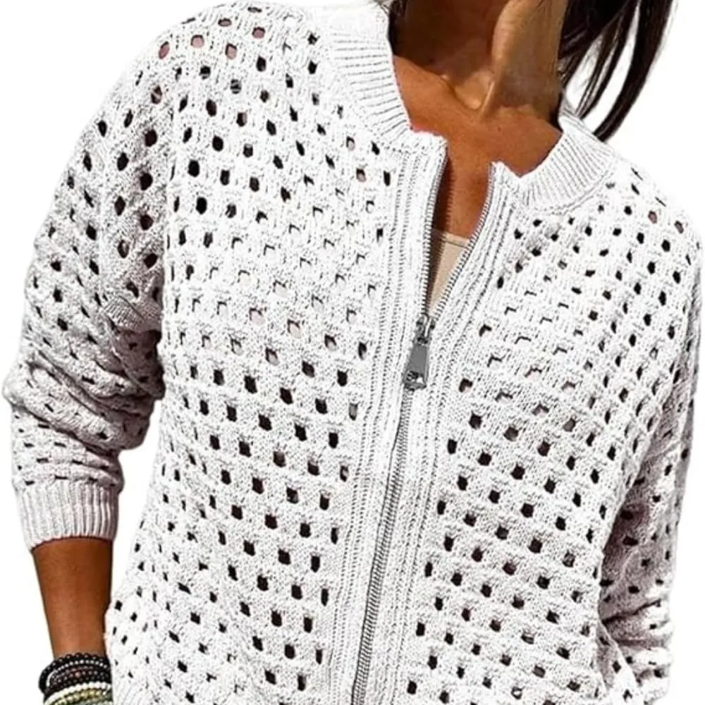 Womens Knitted Hollow-Out Crew-Neck Jacket With Zipper - White
