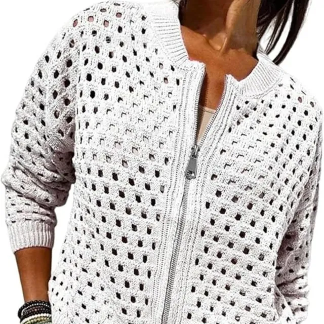 Womens Knitted Hollow Out Crew Neck Jacket With Zipper White - Shop at LoveMi