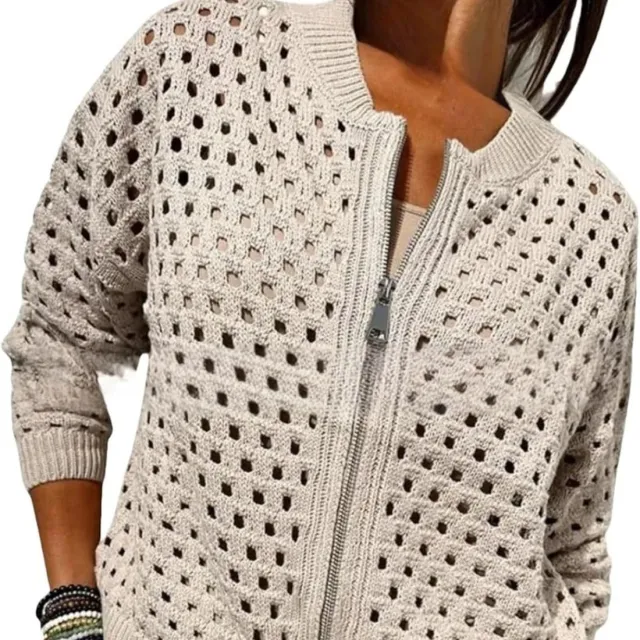 Womens Knitted Hollow Out Crew Neck Jacket With Zipper Apricot - Shop at LoveMi