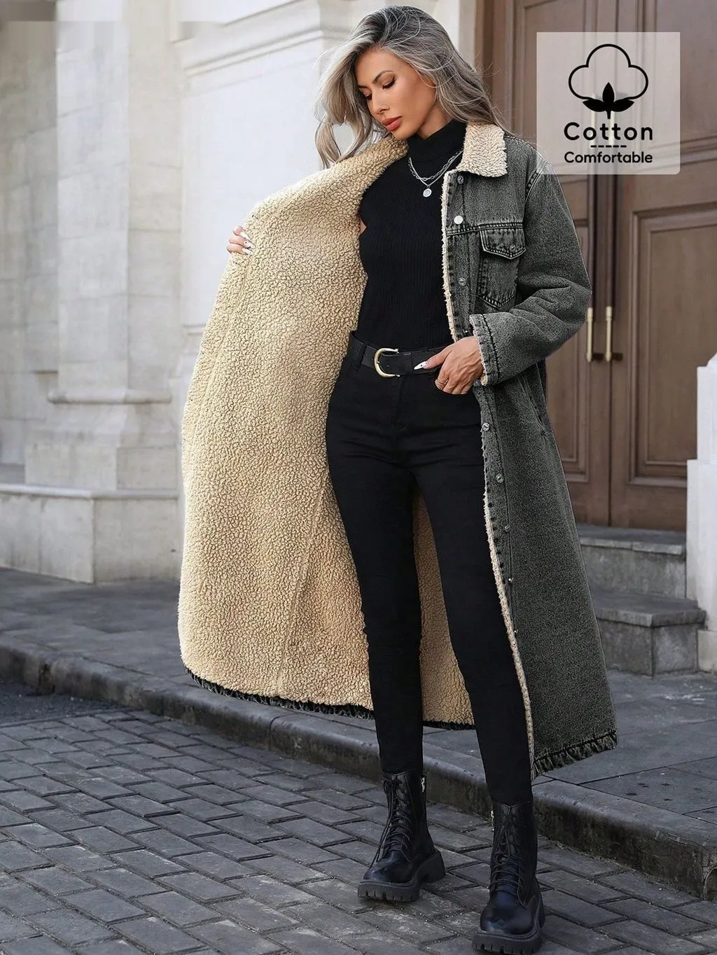 Womens Loose, Long, Fleece-lined Cotton Denim Jacket - Black
