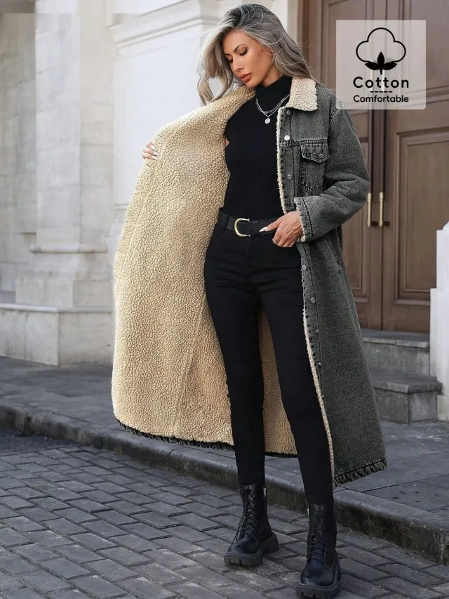 Womens Loose, Long, Fleece lined Cotton Denim Jacket Black - Shop at LoveMi