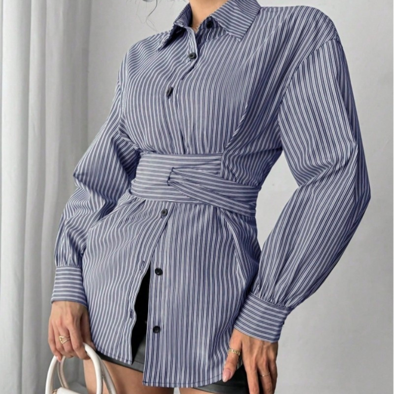 Womens Fashion Irregular-Waist Belt Long-Sleeve Shirt - Image 5
