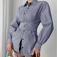 Womens Fashion Irregular-Waist Belt Long-Sleeve Shirt - Blue - View 1