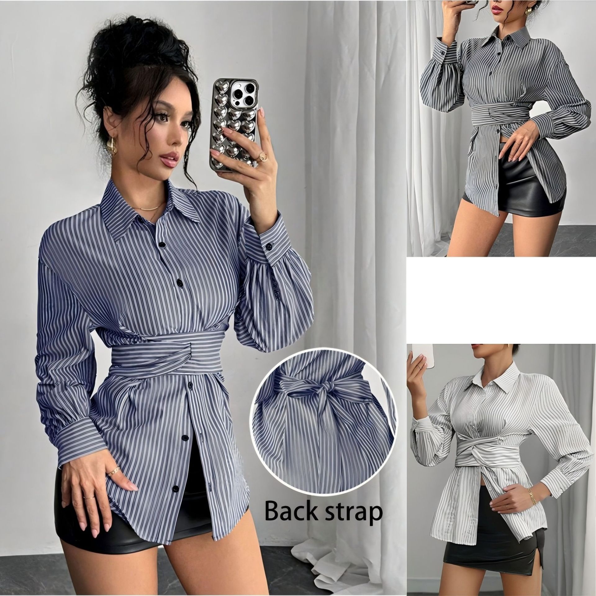 Womens Fashion Irregular-Waist Belt Long-Sleeve Shirt - Image 2