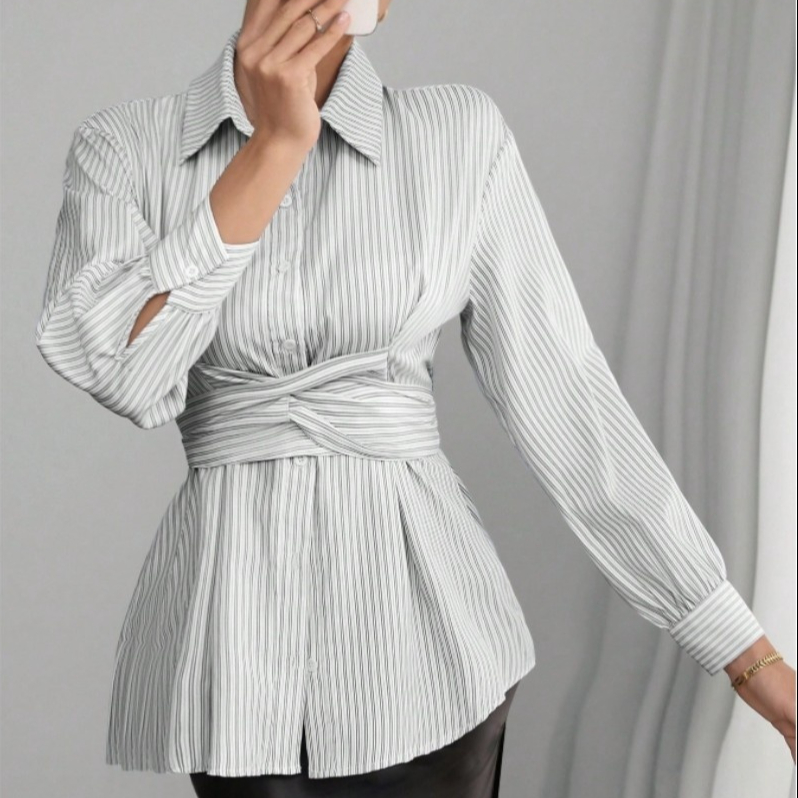 Womens Fashion Irregular-Waist Belt Long-Sleeve Shirt - Image 3