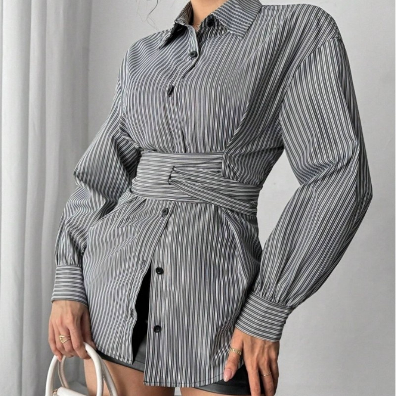 Womens Fashion Irregular-Waist Belt Long-Sleeve Shirt - Image 4