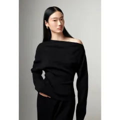 Lazy Wind Diagonal Shoulder Knit Bottoming Shirt - Black - View 1