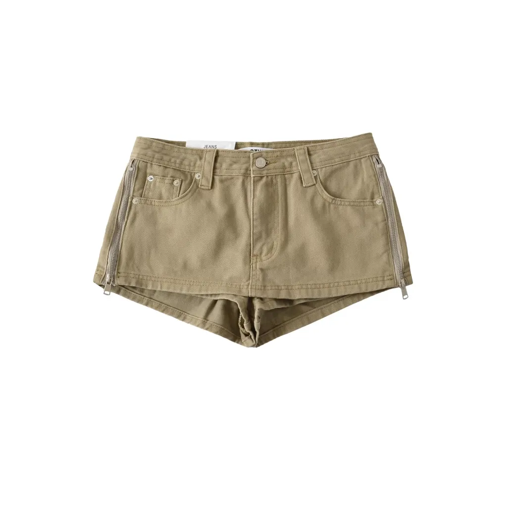 Womens Fashion High-Waisted Denim Skirt With Side Zipper - Khaki