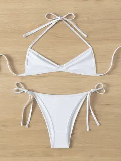 Sexy Lace-Up Halter Mini Pleated Triangle Bikini For The Beach - White - View 1