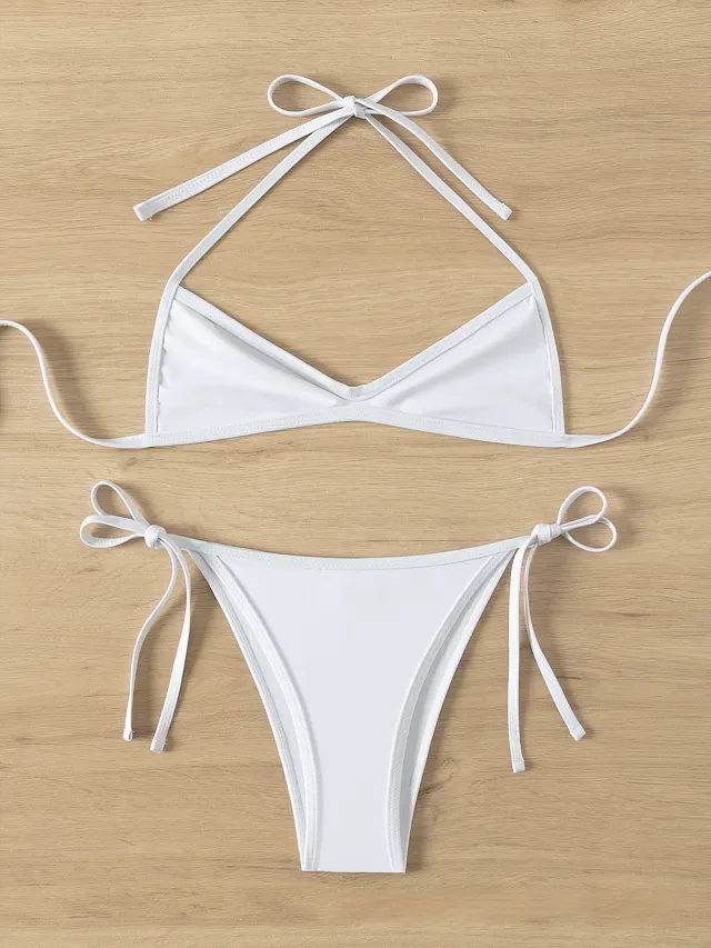 Sexy Lace Up Halter Mini Pleated Triangle Bikini For The Beach White - Shop at LoveMi