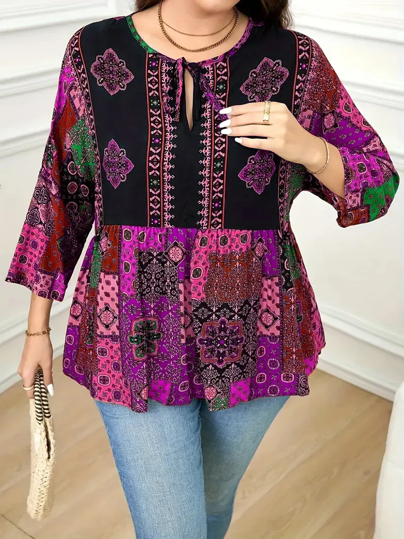 Bohemian-print Sweetheart-neck Top With Three-quarter Sleeves - Pink