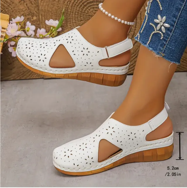 Breathable Velcro Strapped Wedge Sandals With Fishmouth Design And Stitched Seams White - Shop at LoveMi