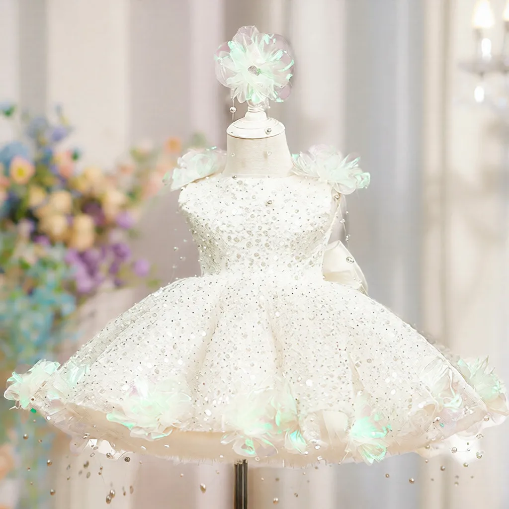 Sequin Pearl Flower Girl Princess Dress Gala Gown - White