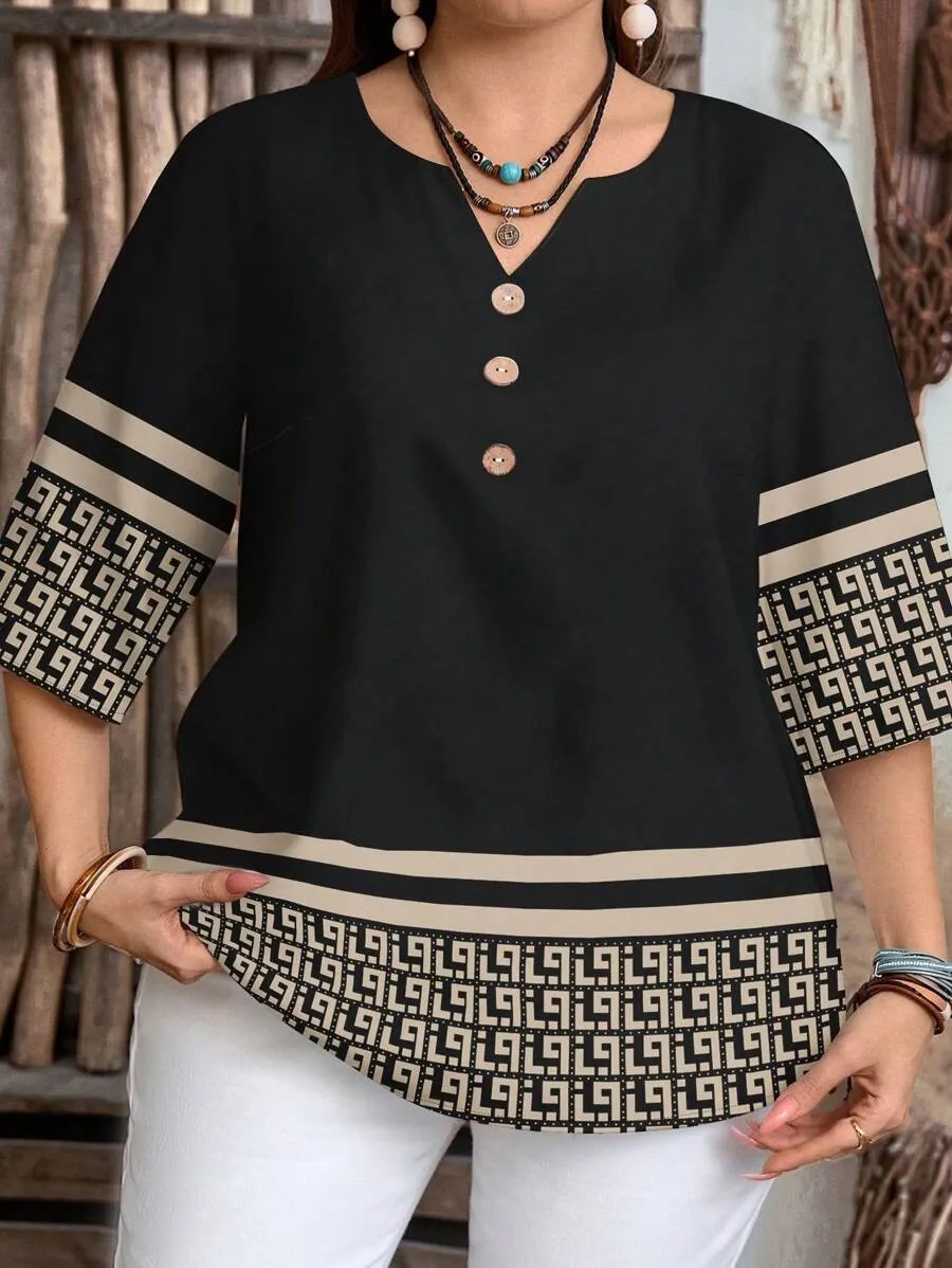 Plus-size Womens Casual All-over Print V-neck Button-decorated Loose-fit 35 Sleeve Shirt For Spring And Summer - Black