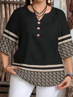 Plus-size Womens Casual All-over Print V-neck Button-decorated Loose-fit 35 Sleeve Shirt For Spring And Summer - Black - View 1