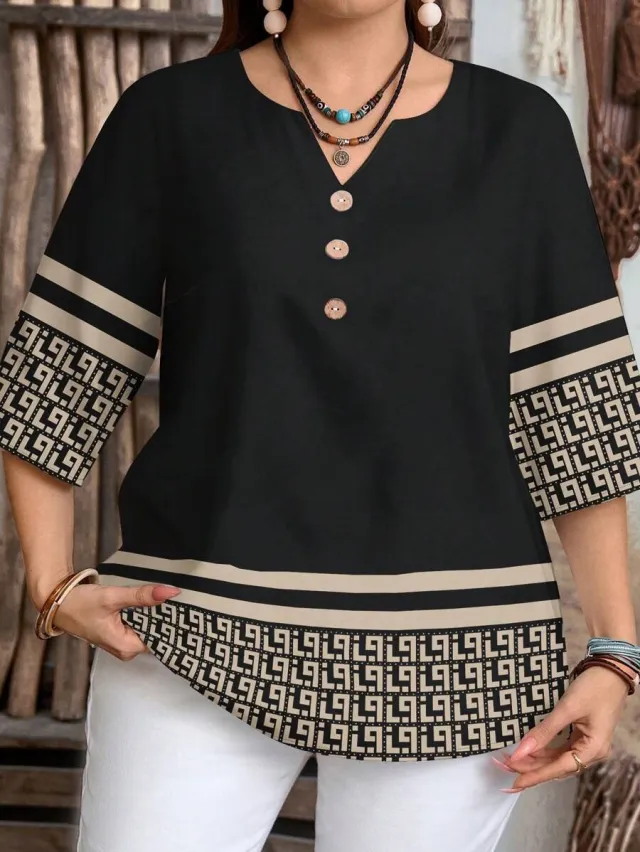Plus size Womens Casual All over Print V neck Button decorated Loose fit 35 Sleeve Shirt For Spring And Summer Black - Shop at LoveMi