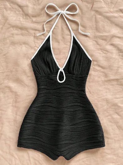 Slimming Halter Jumpsuit Bikini In Solid Color Body-Flattering Tummy-Hiding Waist-Slimming And Sun-Protective - Black