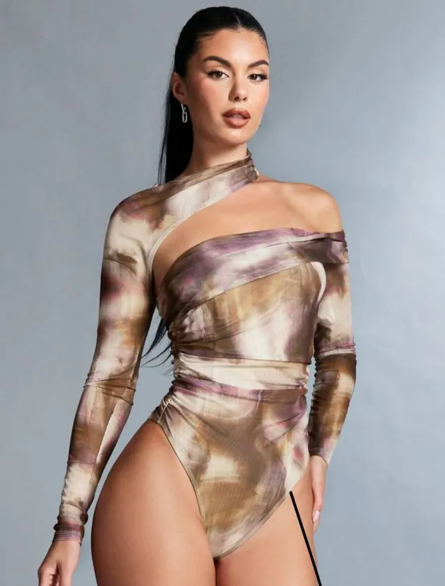 Long sleeve Printed Sexy Off shoulder Asymmetrical Halter Bodysuit Xl Color - Shop at LoveMi