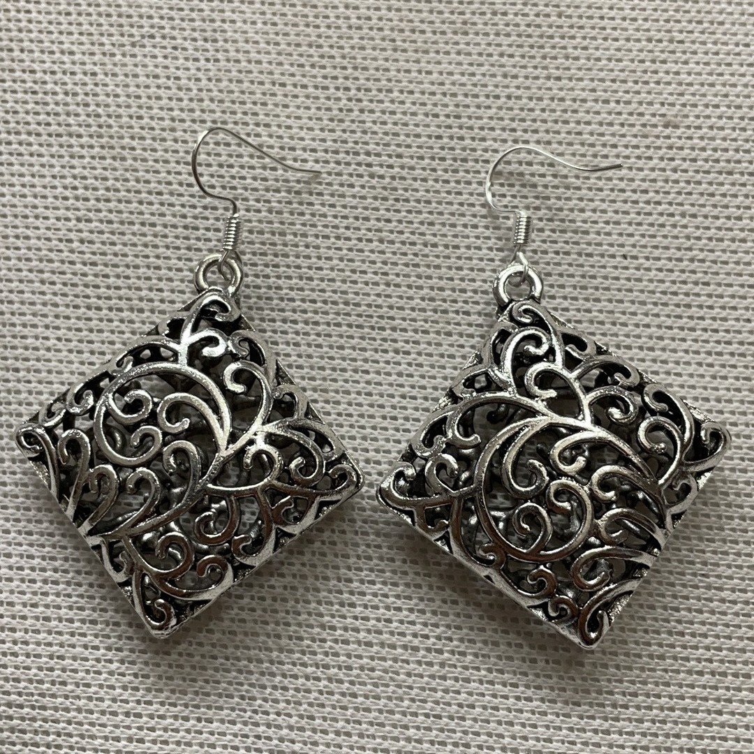 Tibetan Silver Square Earrings With National Style Pendants