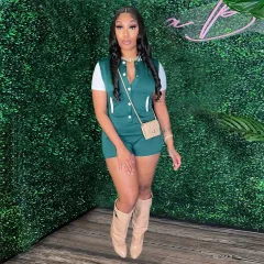 Buttoned Bodysuit Form-fitting Waist-cinching Jumpsuit - Green - View 1