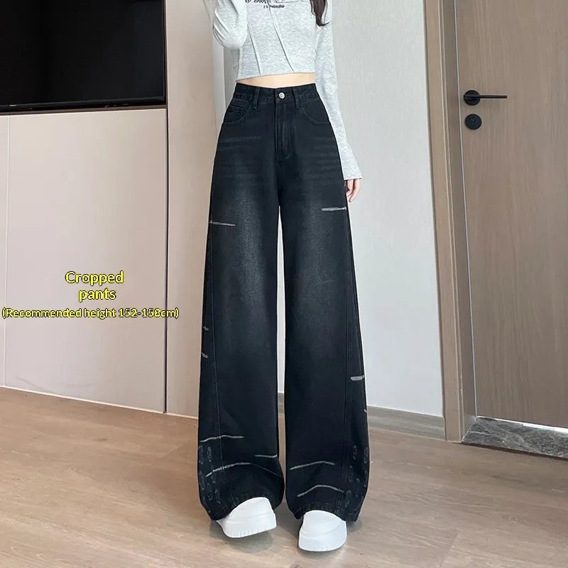 Fleece-lined Extra-thick Niche High-waist Drapey Denim Wide-leg Pants For Women - Black