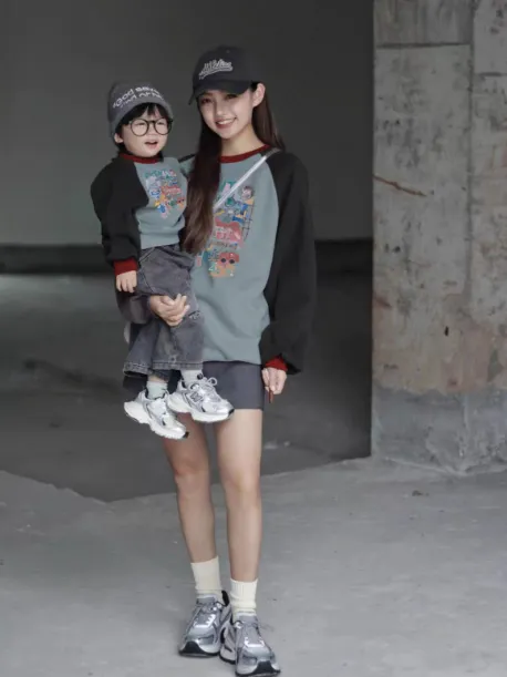 Color-block Raglan Hoodie For Parents And Kids Versatile And Easy To Style - Gray