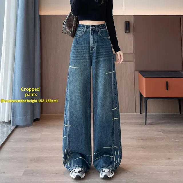 Fleece lined Extra thick Niche High waist Drapey Denim Wide leg Pants For Women Blue - Shop at LoveMi
