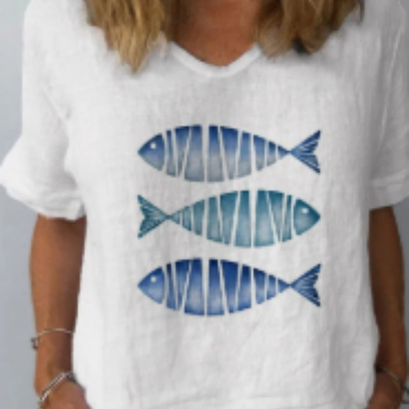 Stylish Loose-fit Printed Womens Short-sleeve Top