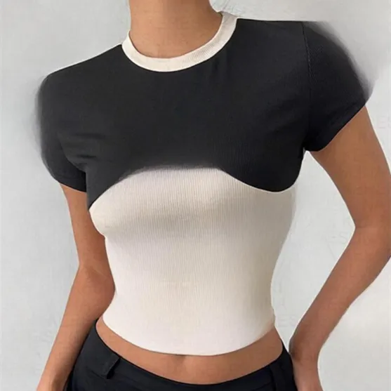 Fashionable Niche design Cropped Top With A Color blocked Slim fit Design And A Round neck Short sleeve Silhouette White - Shop at LoveMi