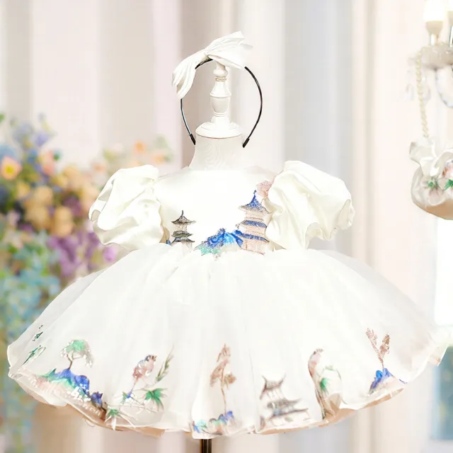 Childrens White Puff sleeved Satin Ball Gown White - Shop at LoveMi