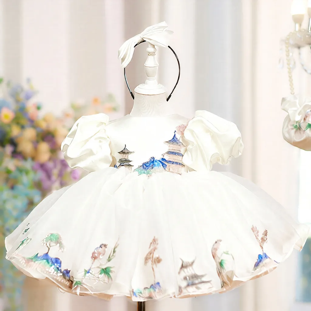 Childrens White Puff-sleeved Satin Ball Gown - White