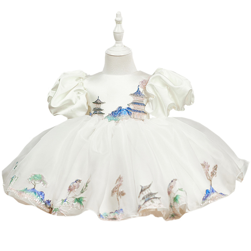 Childrens White Puff-sleeved Satin Ball Gown