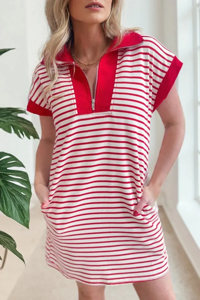 Red striped Quarter zip T shirt Dress With A Polo Collar And Pockets Red - Shop at LoveMi