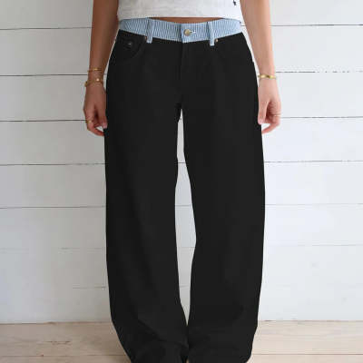 Contrast Color Letter Ribbon Decorative Straight Stitching Jeans