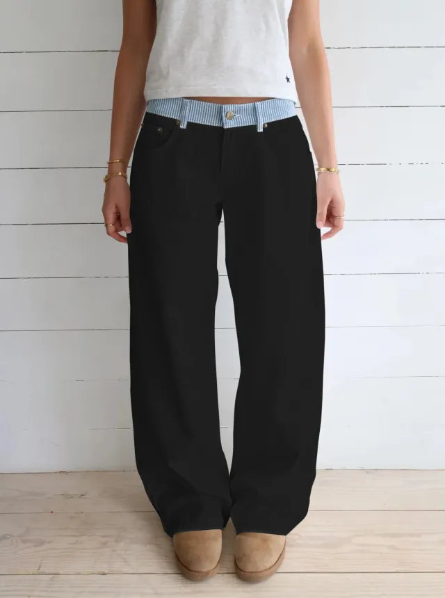 Contrast Color Letter Ribbon Decorative Straight Stitching Jeans Black - Shop at LoveMi