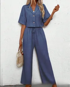 Stylish, Elegant Casual Suit Set Featuring A Blazer And Wide-leg Pants For Women - Blue - View 1