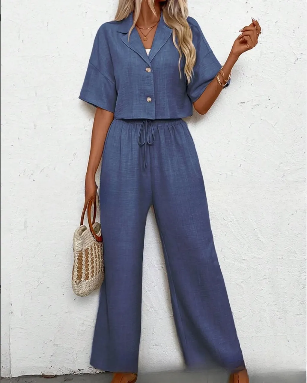 Stylish, Elegant Casual Suit Set Featuring A Blazer And Wide-leg Pants For Women - Blue