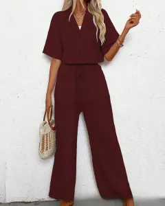 Stylish, Elegant Casual Suit Set Featuring A Blazer And Wide-leg Pants For Women - Red - View 1