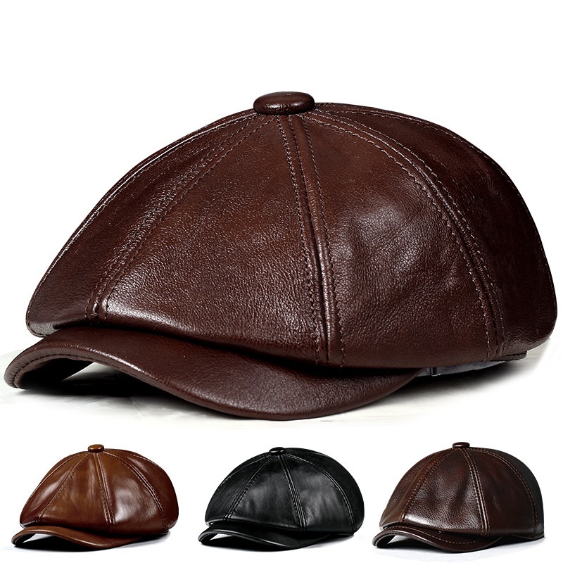 Mens Vintage Beret Leather Octagonal Cap