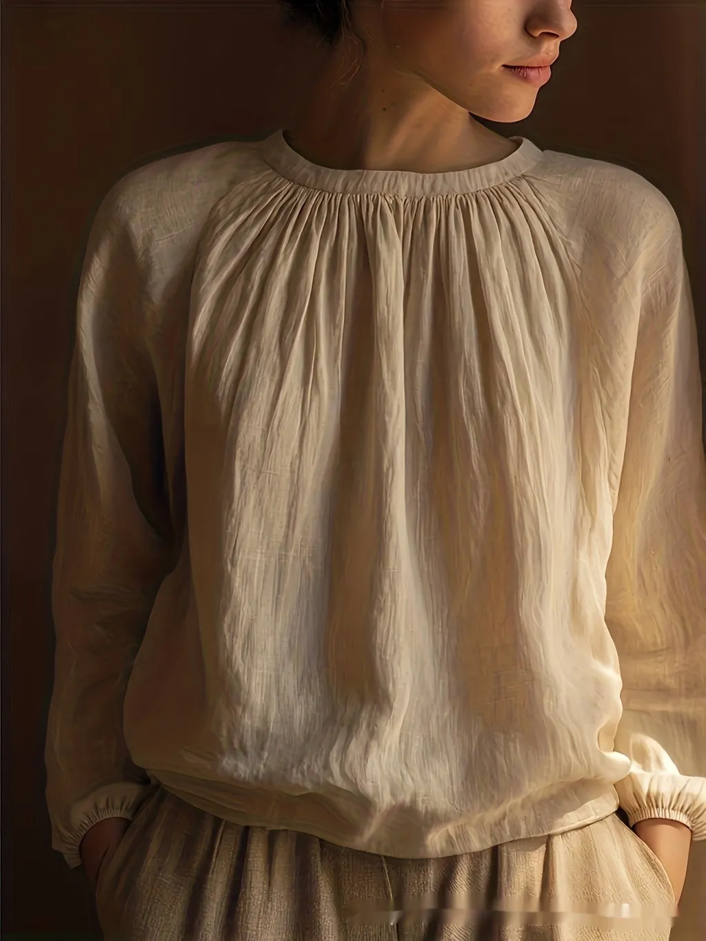 Womens Solid-Color Elegant And Minimalist Linen Long-Sleeve Top - Apricot